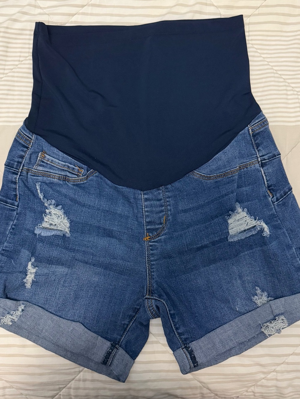 Navy Panel Maternity High-Waist Denim Shorts